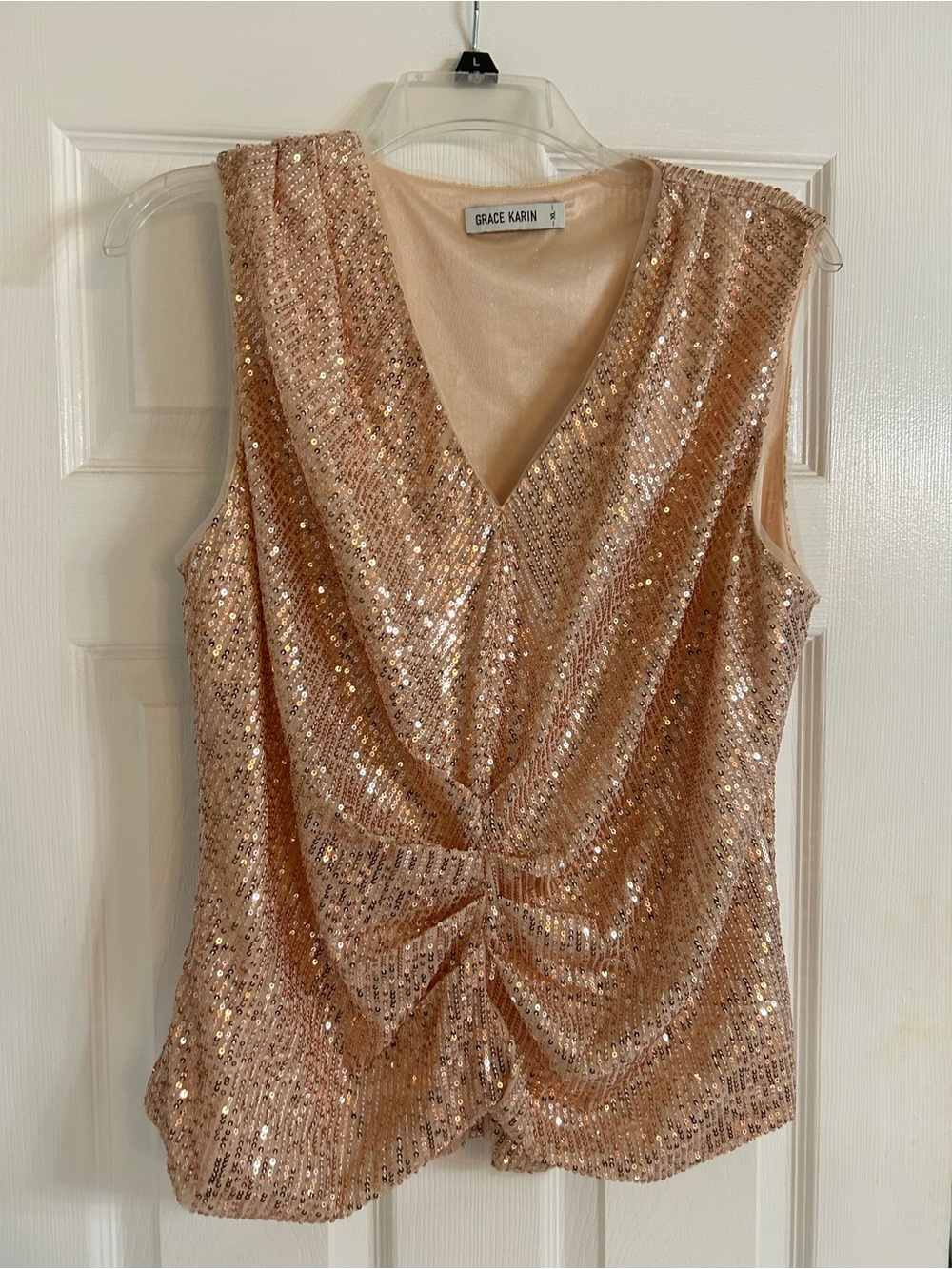 Grace Karin Rose Gold Sequin Draped V-Neck Camisole